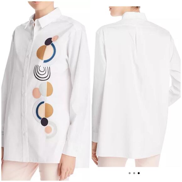 Lafayette 148 New York White S Cotton Poplin Shirt Geometric Button Down Top0 - Picture 5 of 8